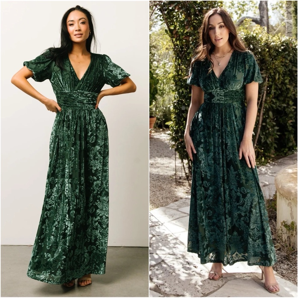 Baltic Born Dress Leslie Embossed Velvet Maxi Short Sleeves Pockets Green Sz L